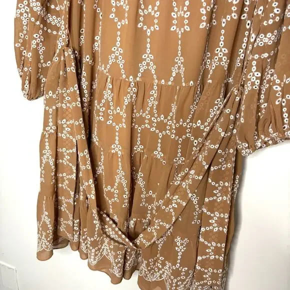Shoshanna Torres tan and white long sleeve eyelet dress with tie waist women's 6 - Picture 7 of 9